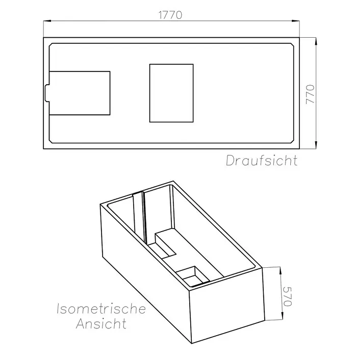 Ottofond Wannenträger Filo - Passend für: Badewanne Filo 180 x 80 cm - Schematische Darstellung eines rechteckigen Waschbeckens mit den Maßen 1770 x 770 x 570 mm.