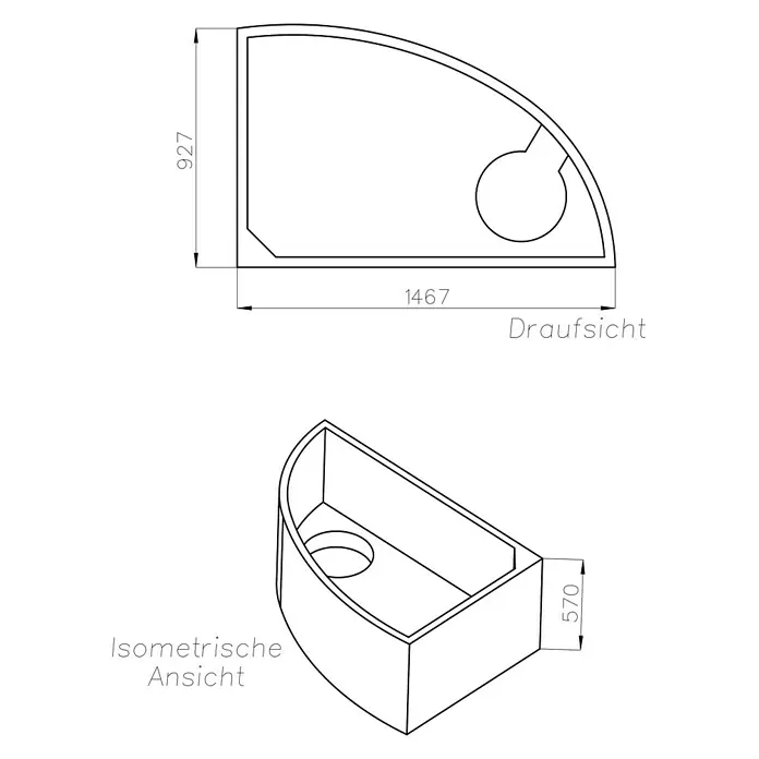 Ottofond Wannenträger Sansibar A - Passend für: Badewanne Sansibar A 150 x 97 cm - Draufsicht und isometrische Ansicht einer Duschwanne mit den Maßen 927x1467mm und einer Höhe von 570mm.