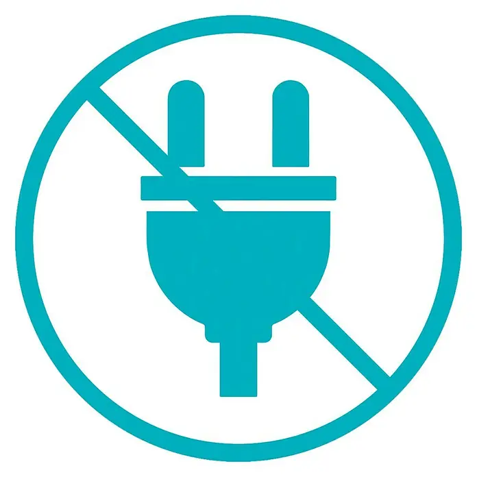 Gardena Bewässerungssteuerung AquaBloomSolarbetrieben - Das blaue Symbol zeigt eine durchgestrichene Steckdose, was bedeutet, dass keine Stromversorgung vorhanden ist oder verwendet werden darf.