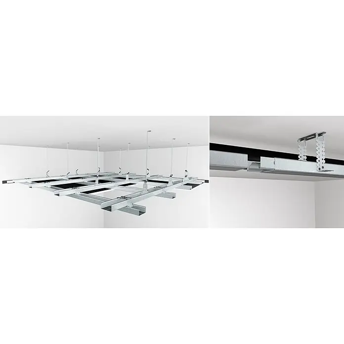 Probau CD-Deckenprofil - 2.600 x 60 x 27 mm, Stahl - Bild einer Deckenkonstruktion, die das System und die Details für abgehängte Decken zeigt. Ideal für Bau- und Architekturprojekte.