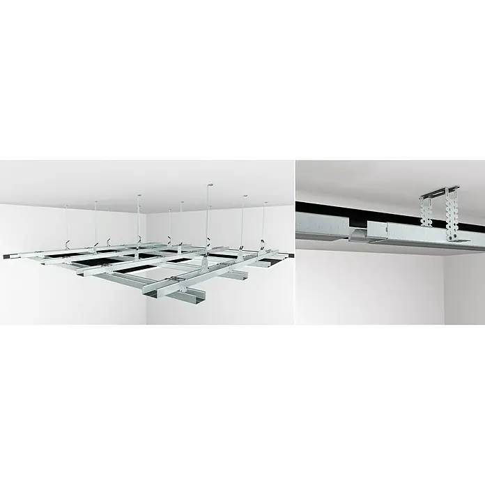 Probau CD-Deckenprofil4.000 x 60 x 27 mm, Stahl - Bild einer Deckenkonstruktion, die das System und die Details für abgehängte Decken zeigt. Ideal für Bau- und Architekturprojekte.
