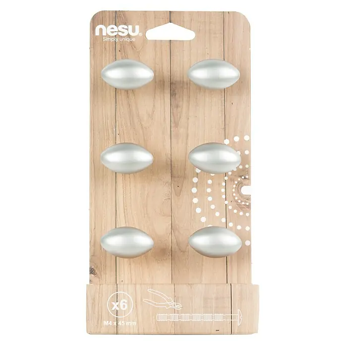 Nesu Tirador para muebles 4617 6 uds. - L x An x Al: 34 x 20 x 24 mm, Acero, Cromado - Una foto de cerca de un paquete que contiene seis pomos de muebles Nesur con aspecto plateado, completos con sus tornillos para la instalación.