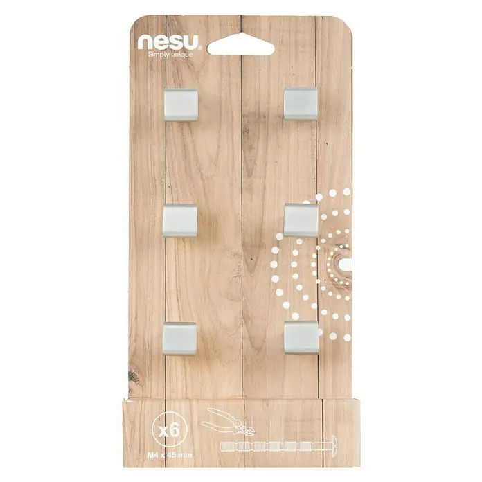 Nesu Tirador para muebles 3351 6 uds. - L x An x Al: 1,5 x 1,5 x 2 cm, Acero - Embalaje del producto Nesu con seis elementos plateados, imagen de la llave y la leyenda "M4 x 45 mm".