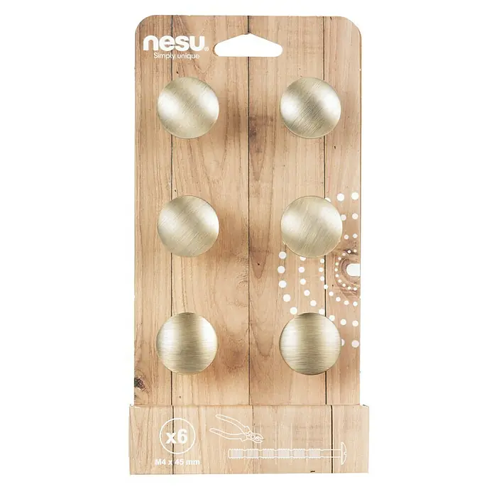Nesu Pomo para muebles 25315 6 uds. - 6 ud., Ø x Al: 30 x 27 mm, Acero - Primer plano de seis pomos de muebles NESU dorados sobre un embalaje de madera, que muestra un diseño elegante y minimalista.