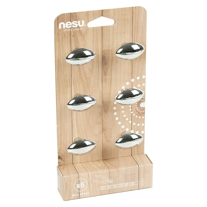 Nesu Tirador para muebles 4601 6 uds. - L x An x Al: 34 x 20 x 24 mm, Acero - Imagen de un paquete de seis colgadores "nesu." fijados sobre una superficie de madera, incluye herramienta para el montaje.