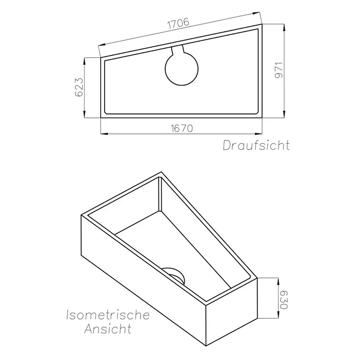 Ottofond Badewannenträger Cebu 1 B - Passend für: Badewanne Cebu 1B 170 x 100/65,5 x 50 cm - Schematische Darstellung einer trapezförmigen Spüle mit Maßen in Draufsicht und isometrischer Ansicht.