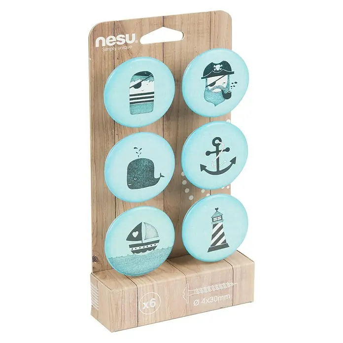 Nesu Pomo para muebles Piratas 6 uds. - 6 ud., Ø x Al: 50 x 24 mm, Plástico - Juego de seis pomos para muebles con diseño marítimo, compuesto por pirata, ballena, ancla, faro y velero, para el diseño individual de muebles.