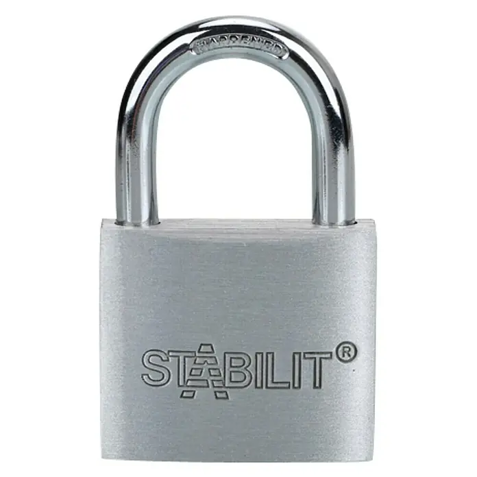 Stabilit Vorhängeschloss A40 - Breite: 40 mm, Bügelstärke: 6,3 mm - Nahaufnahme eines silbernen Vorhängeschlosses der Marke Stabilit, das Stabilität und Sicherheit verspricht.
