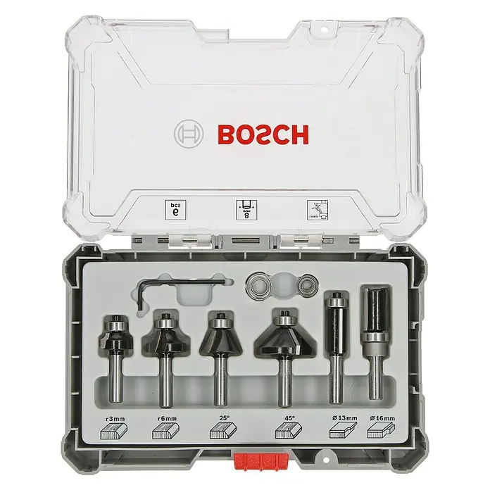 Bosch Set de fresas para recorte - 6 pzs., Diámetro vástago: 8 mm - Juego de fresas Bosch en caja transparente, con varias brocas y accesorios para aplicaciones de carpintería.