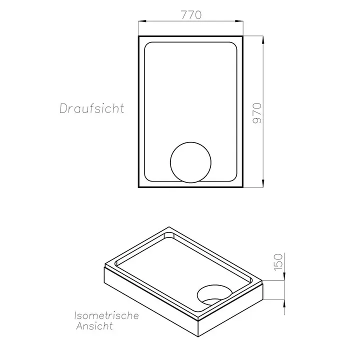 Ottofond Duschwannenträger Liberia - L x B: 97 x 77 cm, Expandiertes Polystyrol, Weiß - Draufsicht und isometrische Ansicht einer Duschwanne mit den Maßen 770x970x150 mm. Das Becken hat einen runden Ablauf.