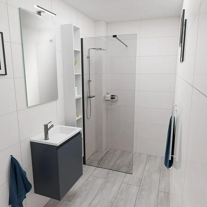 Camargue Espacio Badmöbel-Set F4 - 70 cm, Gama anthrazit matt - Modernes Badezimmer-Interieur mit Waschtisch, Spiegelschrank und begehbarer Dusche, gestaltet in Weiß und Grau.
