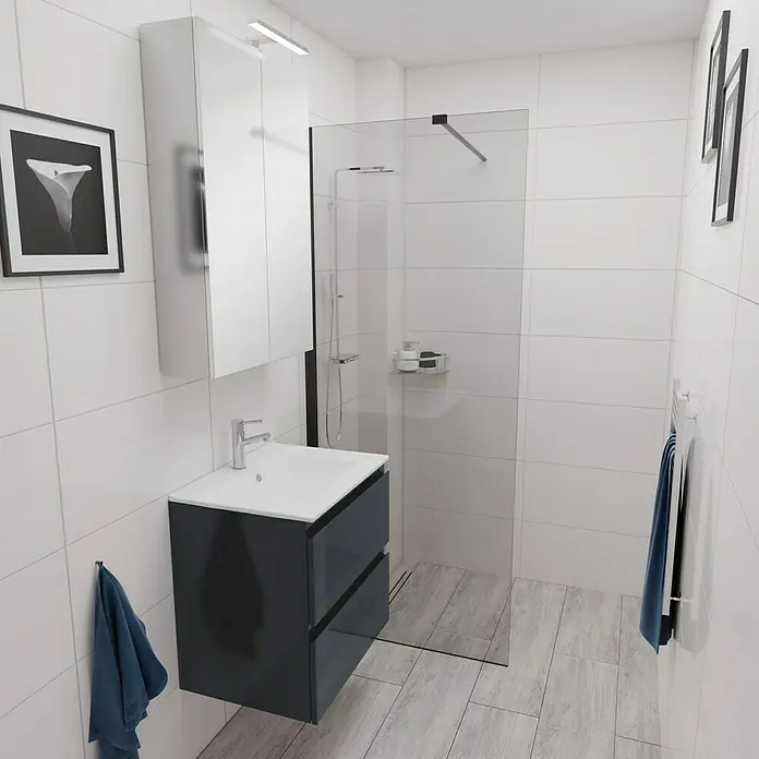 Camargue Espacio Waschtischunterschrank - 60 x 46 x 60 cm, 1 Einlegeboden, Gama anthrazit glänzend - Modernes Badezimmer mit einem eleganten, grauen Waschtischunterschrank, einem weißen Aufsatzwaschbecken und einem dazu passenden Spiegelschrank.