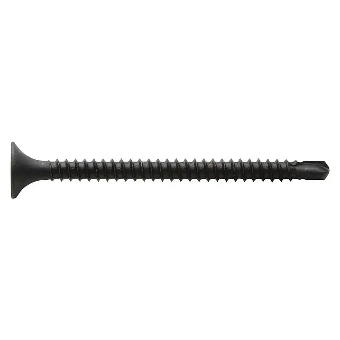 Placafix Tornillos de montaje rápido - Largo: 45 mm, Número de componentes: 1.000 ud., Diámetro cabeza: 3,5 mm - Primer plano de un tornillo de madera negro con cabeza plana y rosca afilada sobre un fondo negro.
