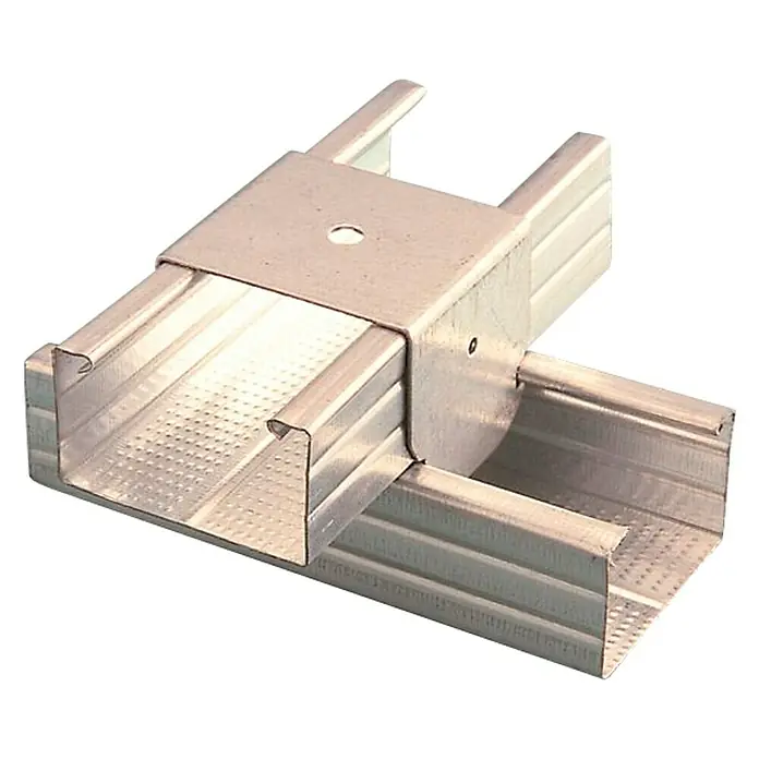 Placafix Elemento de unión para perfiles Caballete 18/TC47 - Plateado - Esta imagen muestra una conexión en T para perfiles sombrero, un elemento de conexión para montar subestructuras en construcción seca.