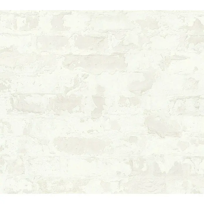 A.S. Création Metropolitan Stories Vliestapete Mauerwerk - Altweiß, Steinoptik, 10,05 x 0,53 m - Dieses Bild zeigt eine weiße Backsteinmauer, die mit einer Schicht von Farbe überzogen ist und einen rustikalen, abgenutzten Look erzeugt.