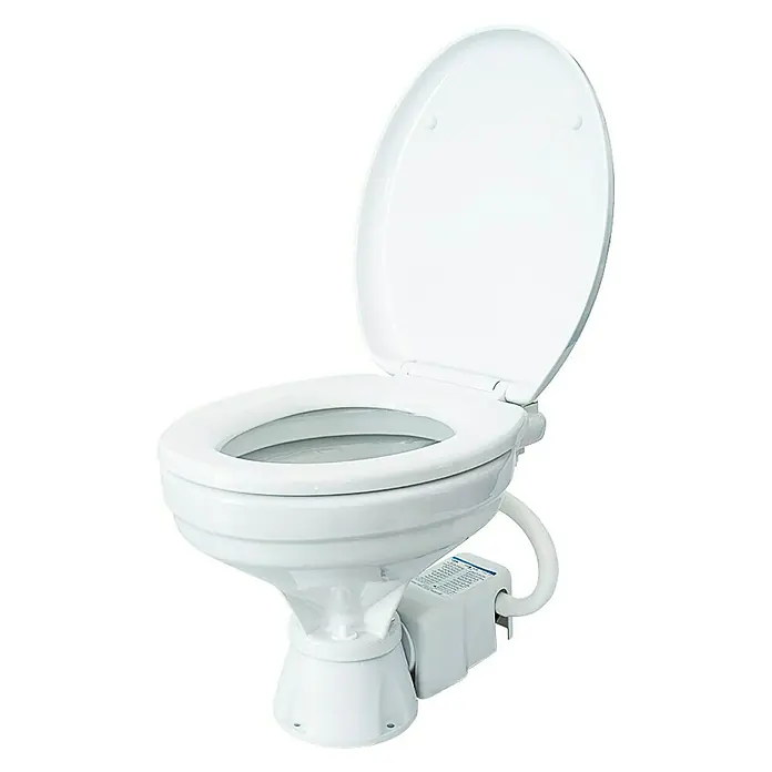 Albin Pump Bordtoilette Standard Elektro EVO Comfort 12V - L x B x H: 49 x 34 x 47 cm, Keramik - Das Bild zeigt eine Toilette aus weißer Keramik mit offenem Deckel, geeignet für Boote oder Wohnmobile.