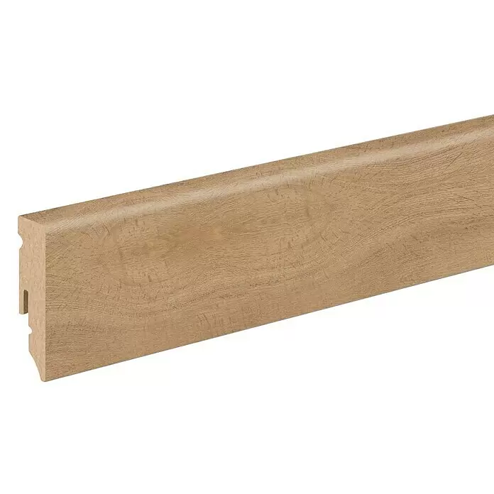 Profiles and more Sockelleiste KU51L Eiche Trient Natur - 240 cm x 15 mm x 50 mm - Helle Holz-Sockelleiste mit geschwungener Oberkante und Kabelkanal auf der Rückseite.