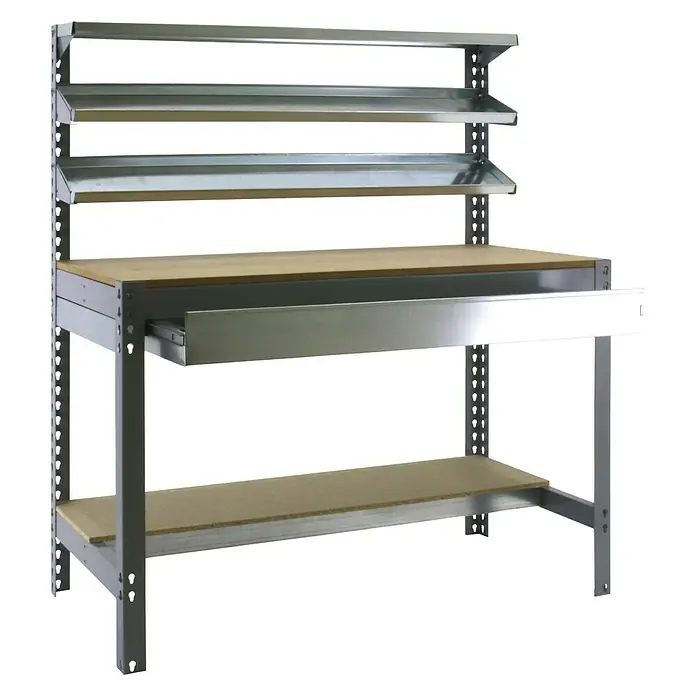 Simonrack Simonwork Werkbank BT1 Box 900 - Breite: 91 cm, Grau/Holz - Werkbank mit Schublade und drei Regalen aus Metall. Solide Arbeitsfläche für anspruchsvolle Projekte, ideal für Werkstatt & Garage.