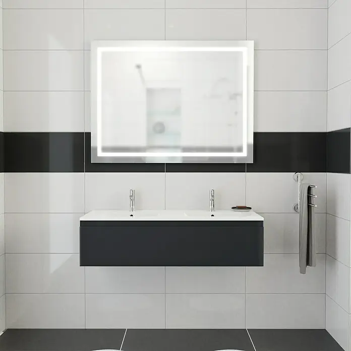 Camargue Espacio Badmöbel-Set K15 - 120 cm, Gama anthrazit glänzend - Modernes Badezimmer mit einem grauen Waschbeckenunterschrank, einem beleuchteten Spiegel und stilvollen Armaturen für ein elegantes Ambiente.