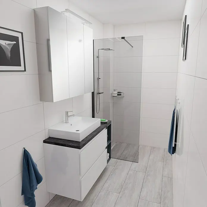 Camargue Espacio Badmöbel-Set i123 - 100 cm, Gama weiß glänzend - Helles Badezimmer mit modernem Waschbeckenunterschrank, Spiegelschrank und einer Duschkabine mit Glaswand. Zeitloses Design für Ihr Zuhause.