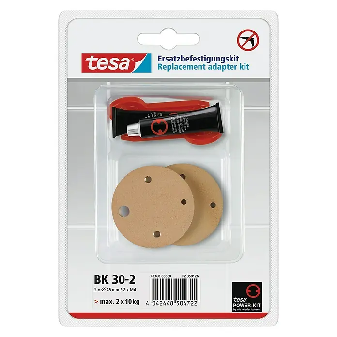 Tesa Montage-Set BK 30-2 - 2 -tlg., Geeignet für: Badutensilien - Verpackung des Tesa BK 30-2 Ersatzbefestigungs-Kits, inklusive Klebstoff, Adapter und Montagepads für wiederholtes Bohren.