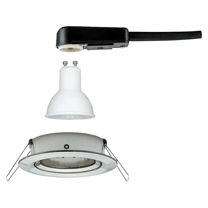 Paulmann Downlight empotrable LED redondo Nova Orientable - 6,5 W, Ø x Al: 8,4 x 9 cm, Hierro cepillado, Blanco cálido - Vista explosionada del producto de un foco empotrable, que consta de un casquillo, bombilla y marco cromado con resortes de retención.