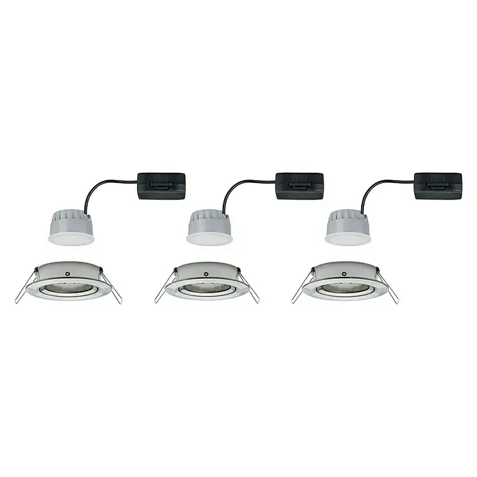 Paulmann Nova LED-Einbauleuchten-Set - 6,5 W, 3 Stk., Warmweiß, 8,4 cm, Eisen gebürstet - Nahaufnahme von drei LED-Deckeneinbauleuchten mit Zubehör, die die Beleuchtungslösung und die einfachen Installationskomponenten hervorheben.
