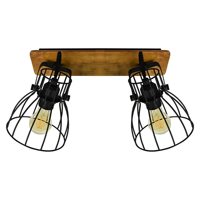 Tween Light Regleta Nao - 80 W, Marrón, E27 - Lámpara de techo moderna con dos pantallas de alambre negro y viga de madera, que aporta un toque rústico e industrial a cualquier estancia.