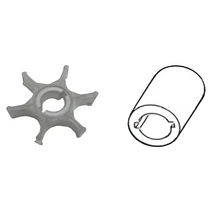 CEF Impeller 500396 - Ø x L: 41 x 14 mm, Wellendurchmesser: 12 mm - Bild zeigt eine graue Wasserpumpe Flügelrad Impeller neben einer weissen Buchse, dargestellt auf schwarzem Hintergrund.