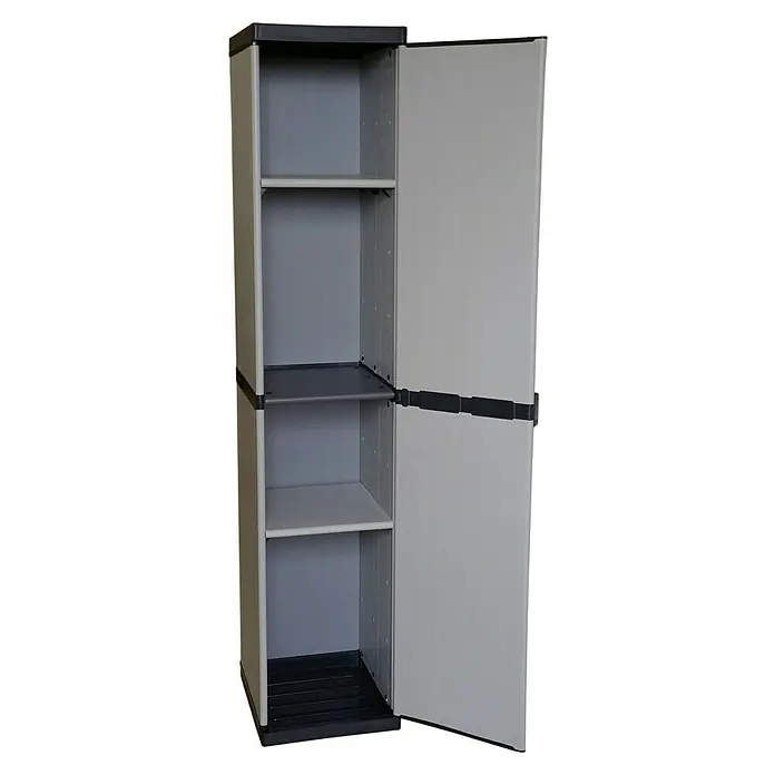 Kunststoff-Mehrzweckschrank - L x B x H: 39,5 x 34 x 168 cm - Ein offener, grauer Plastikschrank mit vier Regalen bietet Stauraum und ist eine praktische Lösung für die Organisation im Haus.