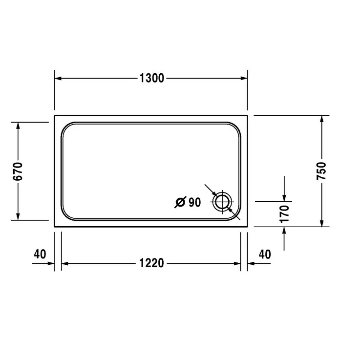 Duravit D-Code Duschwanne - L x B: 130 x 75 cm, Kunststoff, Weiß, Mit Antirutsch-Oberfläche, Rechteckig - Technische Zeichnung einer rechteckigen Badewanne mit Abmessungen und Details zum Abfluss.