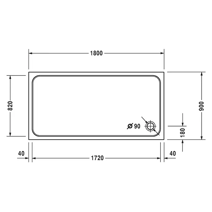Duravit D-Code Duschwanne - L x B: 180 x 90 cm, Kunststoff, Weiß, Mit Antirutsch-Oberfläche, Rechteckig - Draufsicht einer rechteckigen Badewanne mit den Maßen 1800 x 820 mm und einem Abflussdurchmesser von 90 mm.