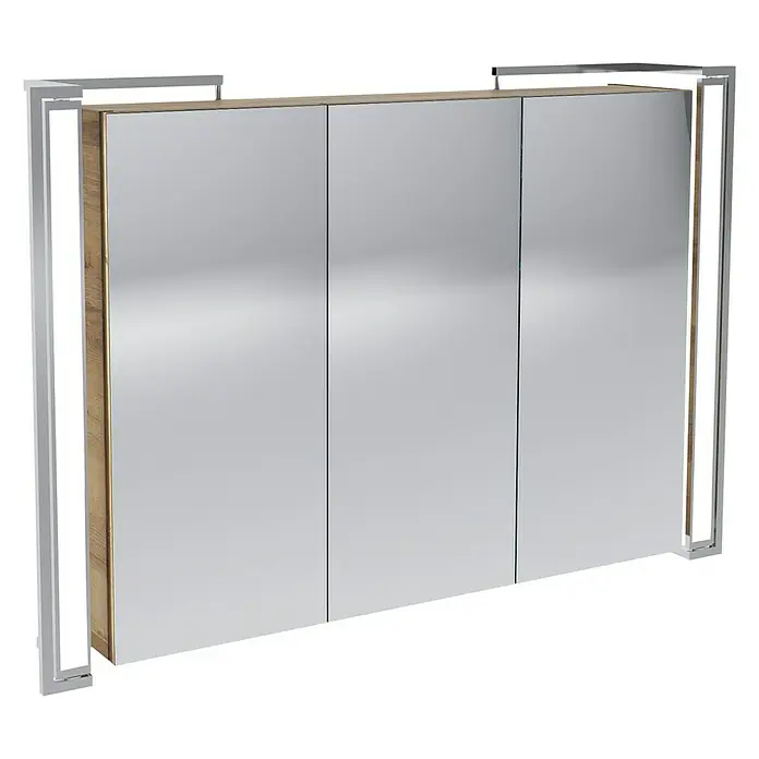 Camargue LED-Spiegelschrank Flexilight - B x H: 92,3 x 65 cm, Holz, Berg Eiche - Ein dreitüriger Spiegelschrank mit Holzrahmen und verchromten Metallstützen. Der Spiegelschrank bietet praktischen Stauraum im Badezimmer.
