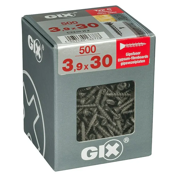 Spax Trockenbauschraube GIX C - Durchmesser: 3,9 mm, Länge: 30 mm, Senkkopf, 500 Stk. - Dose GIX-Schrauben 3,9x30 mm, 500 Stück, Typ C Gipsfaser, ideal für Gipsfaserplatten. Zuverlässige Befestigung für Innenausbau und Heimwerkerprojekte.