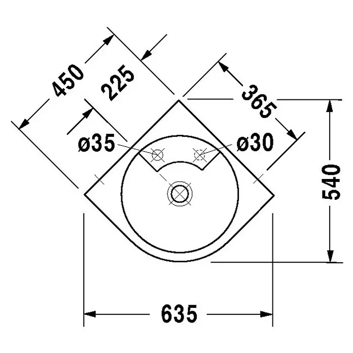Duravit Architec Waschtisch - 63,5 x 54 cm, Ohne Spezialglasur, Hahnloch: Mitte, Ohne Überlauf, Weiß - Technische Zeichnung eines Eckwaschbeckens mit Maßen für Installation und Designspezifikationen.