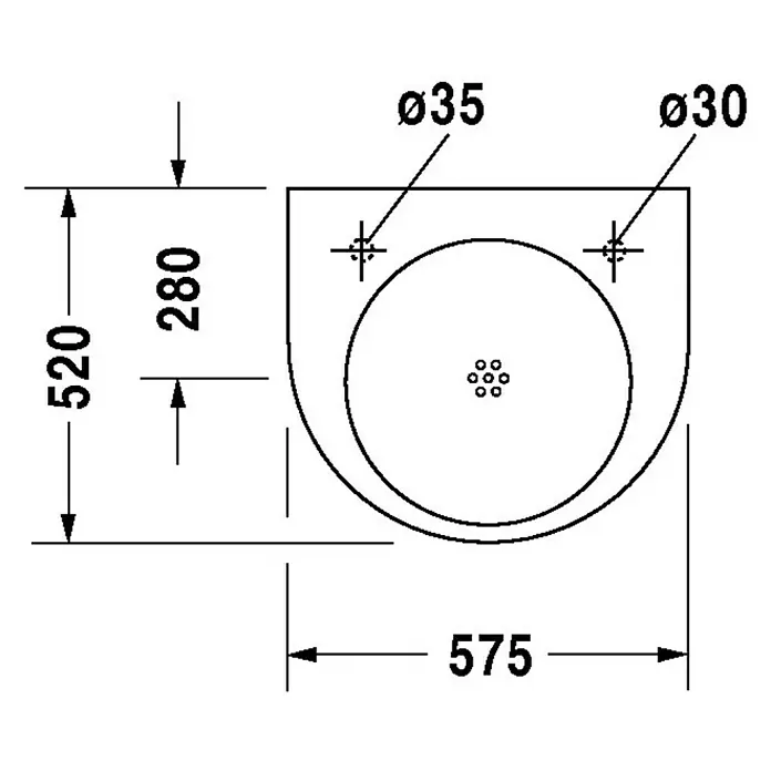 Duravit Architec Waschtisch Vital Med - 57,5 x 52 cm, Ohne Spezialglasur, Hahnloch: Ohne, Ohne Überlauf, Weiß - Technische Zeichnung eines Waschbeckens mit den Maßen 520 x 575 mm und Bohrlöchern von Ø35 und Ø30 mm für die Installation.