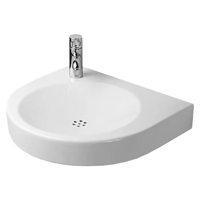 Duravit Architec Waschtisch Vital Med - 57,5 x 52 cm, Ohne Spezialglasur, Hahnloch: Links, Ohne Überlauf, Weiß - Nahaufnahme eines stilvollen, modernen Eckwaschbeckens mit einem schlanken Wasserhahn, das ein minimalistisches Badezimmerdesign betont.