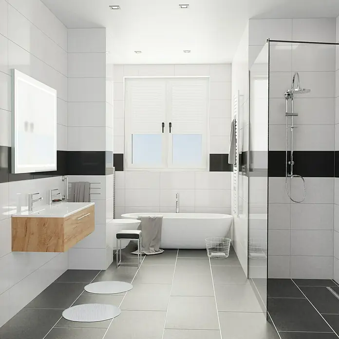 Camargue Espacio Badmöbel-Set K16 - 120 cm, Doce - Helles Badezimmer mit Badewanne, Dusche und Waschbecken mit Holzunterschrank und großem Spiegel für ein stilvolles Ambiente.