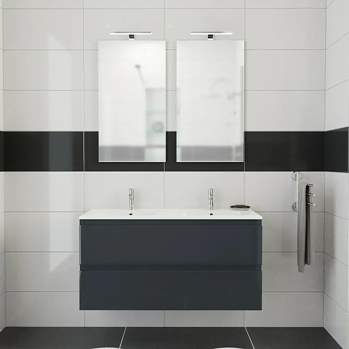 Camargue Espacio Badmöbel-Set K5 - 120 cm, Gama anthrazit glänzend - Ein modernes Badezimmer mit einem dunkelgrauen Waschtisch mit zwei Waschbecken und zwei rechteckigen Spiegeln.