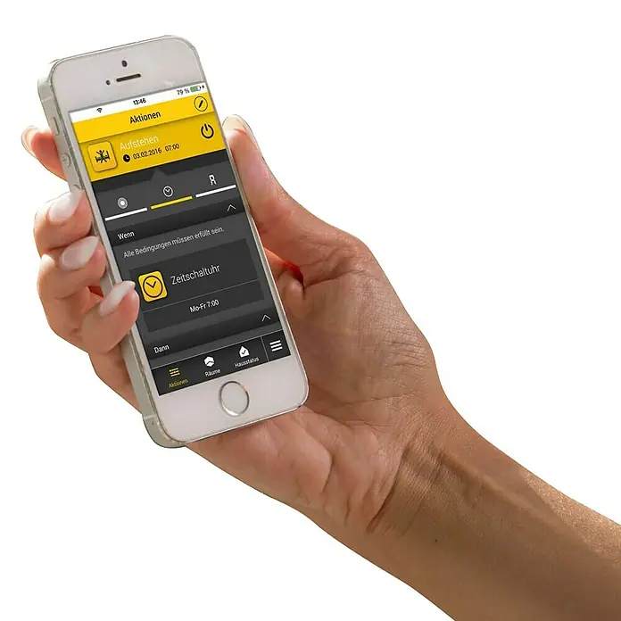 Schellenberg Temporizador inalámbrico Premium - Sistemas soportados: Sistema Smart Home Schellenberg, Apto para: 25 motores telecontrolados - Primer plano de un smartphone que muestra una app de domótica, sujetado con una mano.