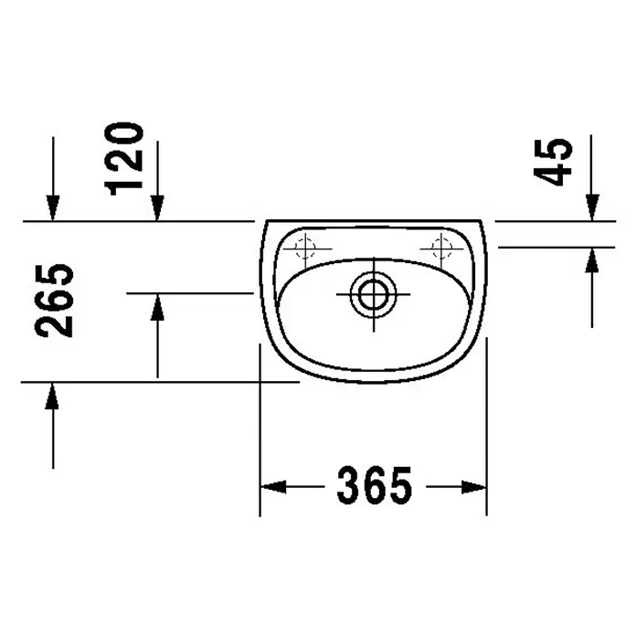 Duravit Duraplus Waschbecken Compact - 36,5 x 26,5 cm, Ohne Spezialglasur, Hahnloch: Links, Mit Überlauf, Weiß - Technische Zeichnung eines Waschbeckens mit Maßangaben zu Breite, Tiefe und Montagepunkten.