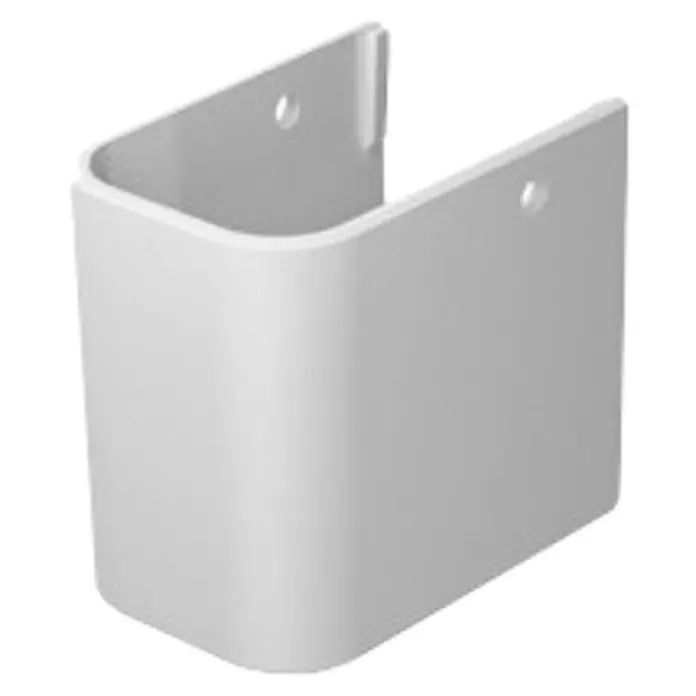 Duravit Happy D.2 Waschtisch-Halbsäule - Unbeschichtet, Keramik, Weiß, Passend für: Duravit Happy D.2 Waschtische - Das Bild zeigt eine weisse Waschbeckenverkleidung mit abgerundeten Ecken und Befestigungslöchern zur Wandmontage. Sie wirkt modern und minimalistisch.