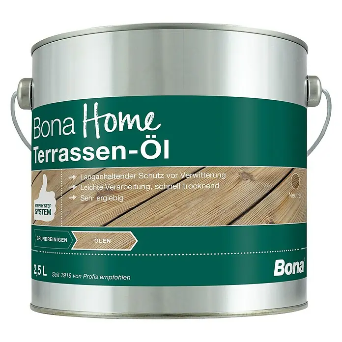 Bona Home Terrassen-Öl - Natur, 2,5 l - Dose Bona Home Terrassen-Öl, ein Holzöl für Terrassen, mit Hinweisen zu Schutz, Verarbeitung und Ergiebigkeit.