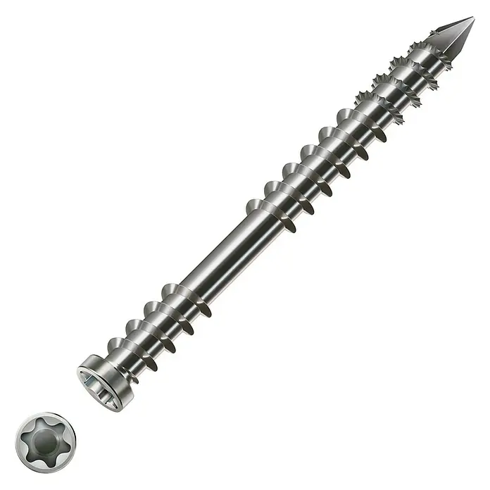 Spax T-Star plus Terrassenschraube Bonus Set T-Star Plus - Ø x L: 5 x 50 mm, Edelstahl rostfrei A2, Blank, 555 -tlg. - Detailaufnahme einer Bohrschraube mit Senkkopf und Torx-Antrieb. Das Bild zeigt die Bauform und die Gewindesteigung des Holzbauschrauben-Produktes.