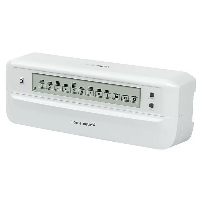 Homematic IP Regulador para suelos radiantes HmIP-FALMOT-C12 - Blanco, Suelo radiante por agua, máximo 12 zonas de calefacción - Unidad de control Homematic blanca con pantalla digital que muestra 12 canales de calefacción (1-12) y dos botones grises para "Channel" y "Select".