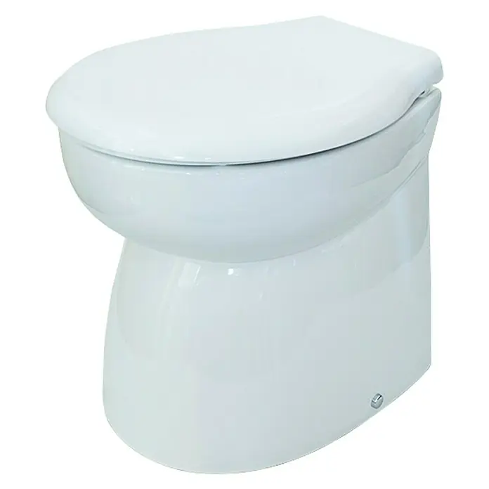 Albin Pump Bordtoilette Silent Premium - L x B x H: 45,5 x 33,5 x 45,5 cm, Keramik - Nahaufnahme einer weißen Toilette. Die elegante Keramiktoilette verfügt über einen geschlossenen Spülkasten und ein modernes Design.
