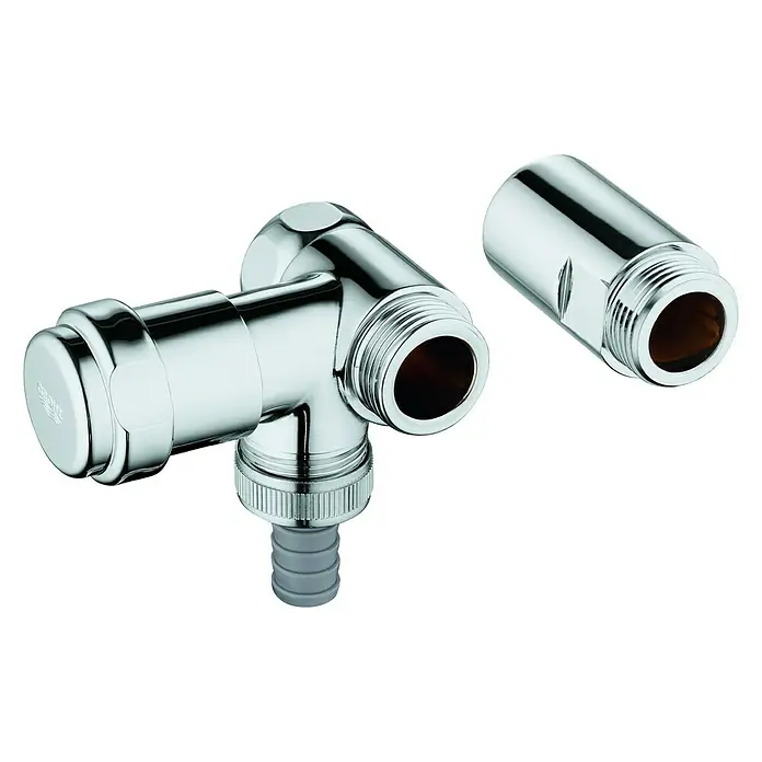 Grohe Geräteanschlussventil WAS - ½″, Messing, Batterie links - Nahaufnahme von einem glänzenden, verchromten Eckventil mit Anschlussstück, das für Sanitärinstallationen geeignet ist.
