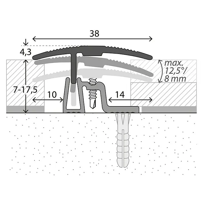 LOGOCLIC Übergangsprofil 401 - Edelstahl matt, 0,9 m x 38 mm, Montageart: Schrauben - Detailaufnahme eines Übergangsprofils mit technischen Maßen für Bodenbeläge.