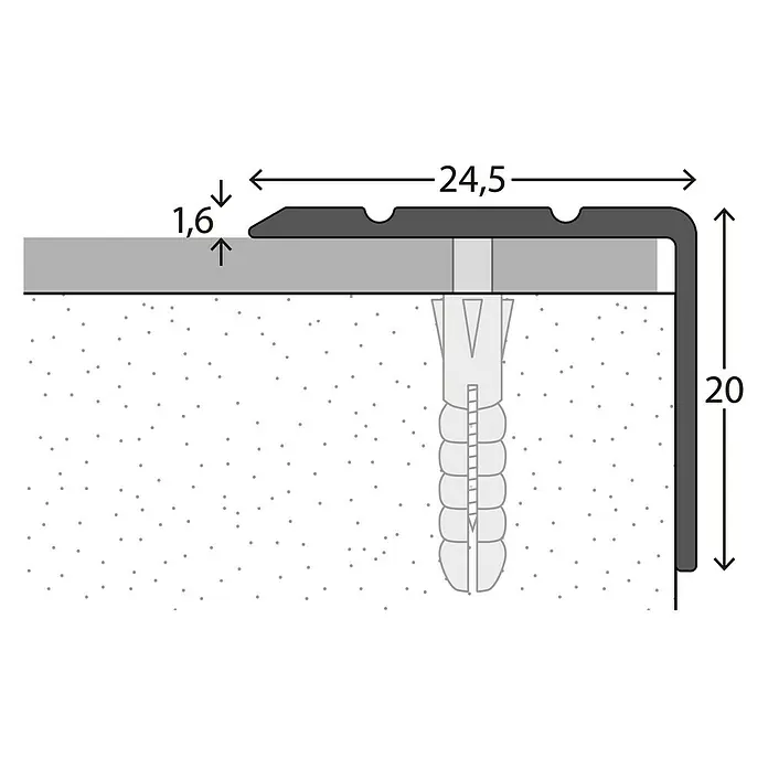 LOGOCLIC Winkelprofil 162 - Sahara, 2,7 m x 24,5 mm x 20 mm, Montageart: Schrauben - Produkt-Illustration zeigt ein graues Übergangsprofil mit den Maßen 24,5 mm Breite und 20 mm Höhe, befestigt mit Dübel.