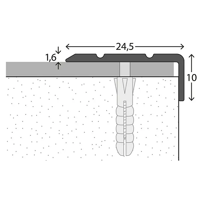 LOGOCLIC Winkelprofil 160 - Sahara, 2,7 m x 24,5 mm x 10 mm, Montageart: Schrauben - Eine Detailansicht einer Sockelleiste mit den Maßen 24,5 mm Länge und 10 mm Höhe, befestigt mit einem Dübel.